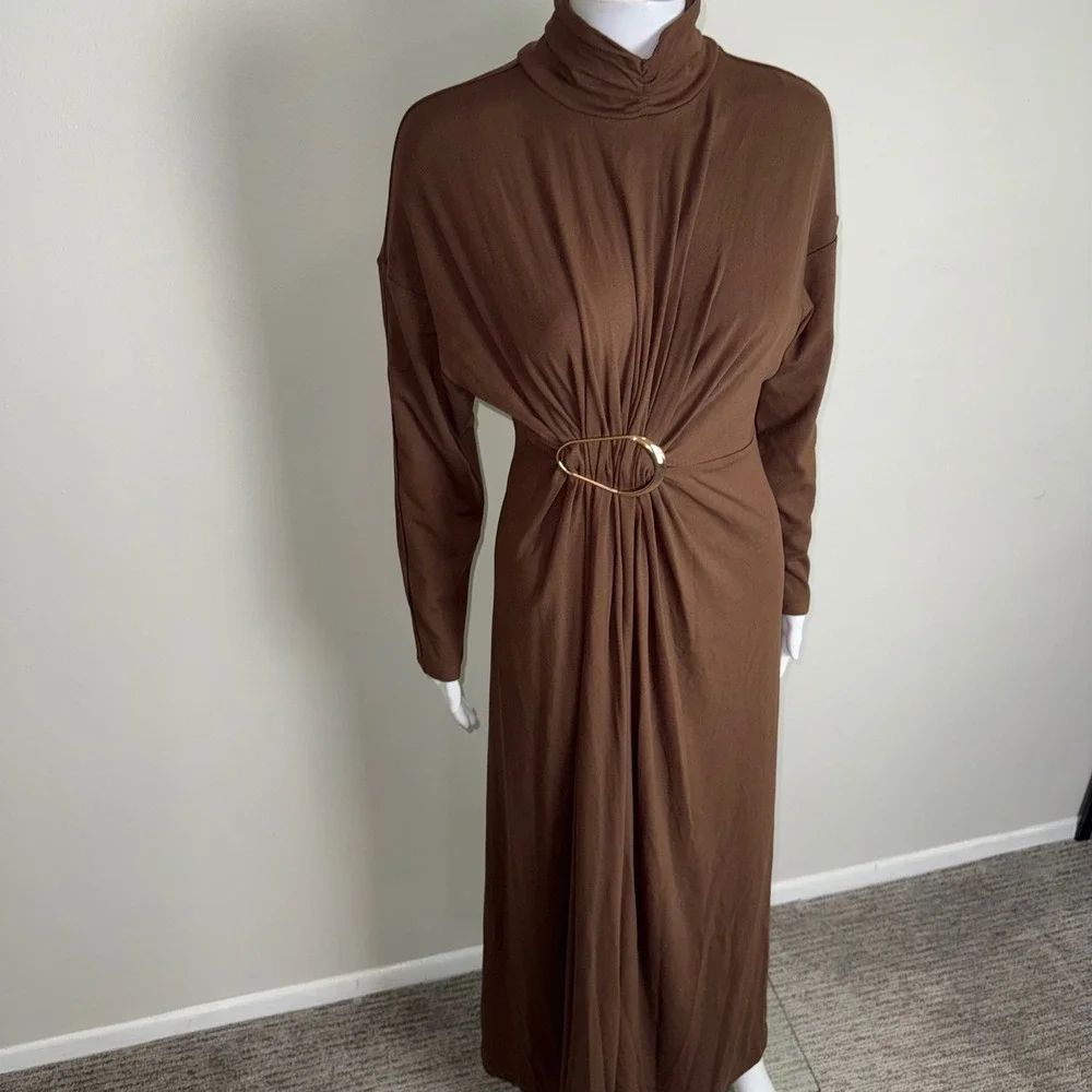 Commense Brown‎ Turtleneck Maxi Dress with Gold Ring Detail Long Sleeve Size M